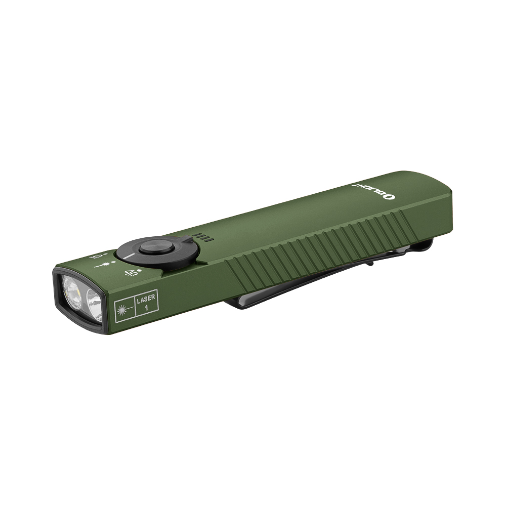 Olight Olive Green Arkfeld Pro Flat Flashlight Isometric View featuring Laser UV LED Light and Pocket Clip for EDC Use