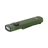 Green Olight Arkfeld Pro flashlight with two LED lights and a laser pointer, featuring a rotating selector switch.