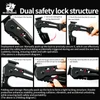 Diagram showing HX Outdoors folding axe dual safety lock deployment and folding instructions.