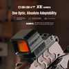 OSIGHT XE AMRS red dot sight on a firearm, showcasing its adaptable features like an enclosed emitter, collapsible backup sight, and multi-reticle system.