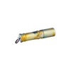 Compact keychain flashlight featuring a tropical palm leaf pattern in yellow and blue isolated on a white background