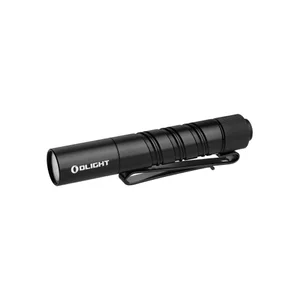 Olight Black I3T 2 flashlight, side view with pocket clip, for everyday carry and illumination.