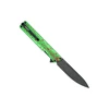 Green OTF knife with red blood splatter pattern, black blade, and pocket clip.