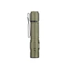 Olive green tactical LED flashlight with pocket clip isolated on white background