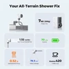 Portable outdoor shower specs: 7oz, 1.32 Gal/Min, 70 min runtime, 0.52N force, 78.5cm² coverage, washes 420 cups