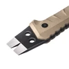 Close-up of tactical pry bar tool with tan G10 handle, pry tip, and nail puller on white background