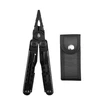 Black stainless steel tactical multitool pliers next to a matching nylon sheath on white background