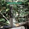 Technical specifications chart of an outdoor survival knife featuring DC53 steel blade, G10 handle, and Kydex sheath.