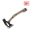 Tactical tomahawk axe with tan textured handle and integrated pry bar end isolated on white background