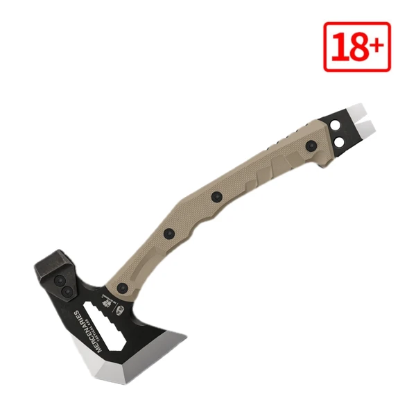 Tactical breach axe with a black blade, tan textured handle, and integrated pry bar end isolated on white background