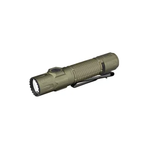 Olive green Olight Warrior 3S tactical flashlight with dual switches and a two-way pocket clip