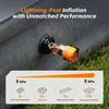 Compact electric air pump inflating a sleeping pad, showcasing fast inflation times for various inflatables.