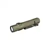 Olight olive green tactical EDC flashlight with pocket clip isolated on white background