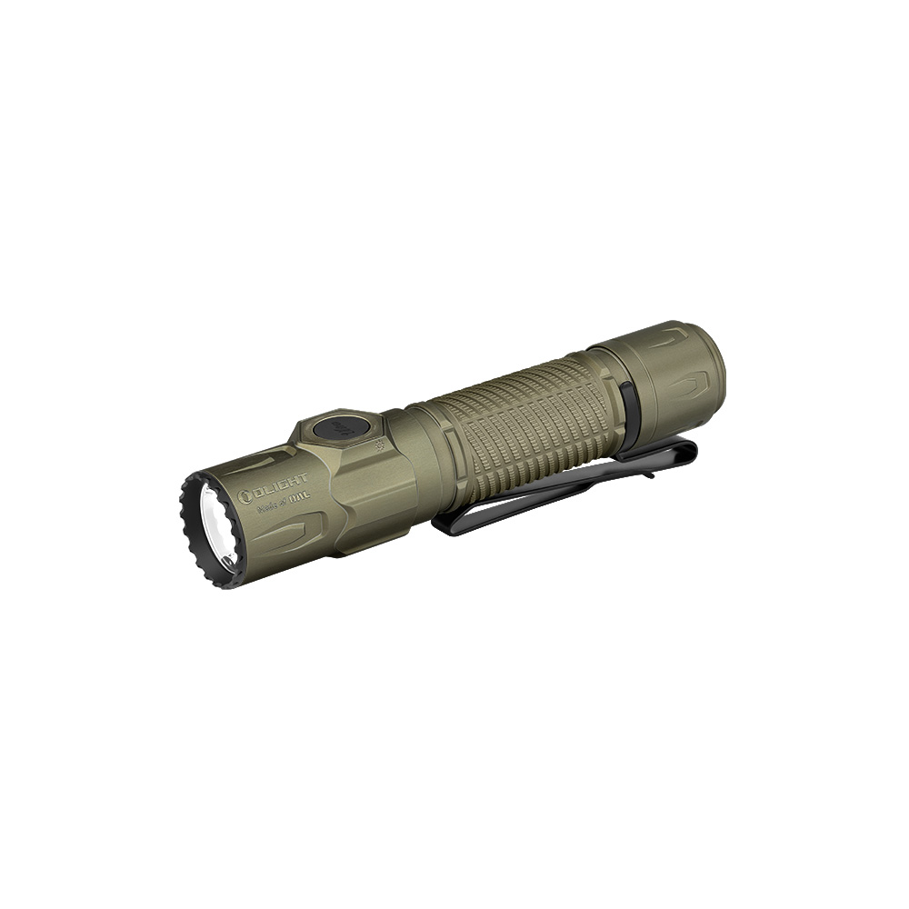 Olight olive green tactical EDC flashlight with pocket clip isolated on white background