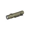 Olight tactical flashlight in army green with textured grip and black pocket clip isolated on white background
