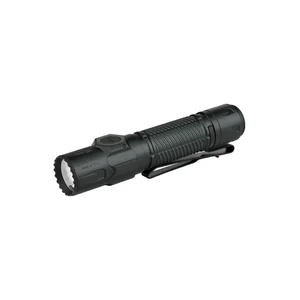 Dark green tactical flashlight with a textured grip and pocket clip, angled view on a white background.