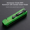 OKNIFE pocket knife featuring aerospace-grade zombie green aluminum handle with red splatter and black pocket clip