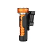 Prowess orange LED flashlight with black textured handle and holster, close-up, white background