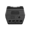 Black tactical holographic red dot sight with NV button and windage adjustment dial on white background
