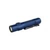 Olight blue tactical LED flashlight with pocket clip isolated on white background