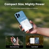 Hand holding compact power bank, showing 7oz weight, 3.07in length, 1.42in width, 3.11in height, one-hand grip, card-sized.