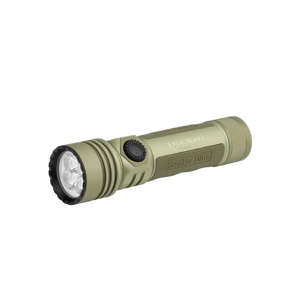 Olight OD Green Seeker Ultra Flashlight Angled View featuring Textured Grip and Rotary Switch for Outdoor Search and Rescue