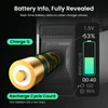 Real-time battery data on a screen, showing 1.5V, 53% charge, recharge cycle count, and ID:111F00AB.
