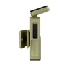 Olive green tactical clip-on light side view with USB port cover and adjustable mount isolated on white background