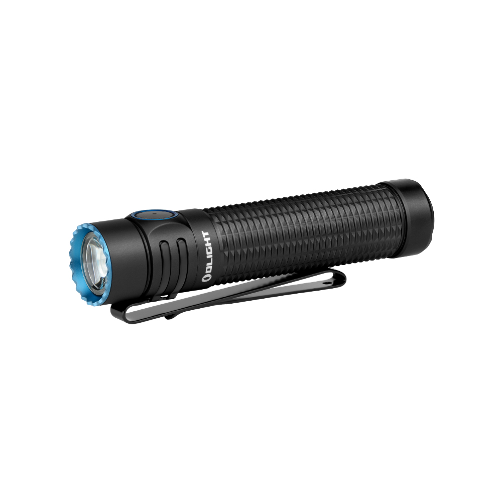 Black Olight flashlight with blue bezel, textured grip, side switch, and pocket clip