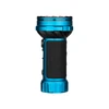 Blue metallic high-lumen rechargeable LED flashlight with black textured rubber grip isolated on white background