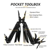 Black 12-in-1 multi-tool pocket toolbox diagram showing pliers, saw, knife, screwdrivers, and scissors with labels