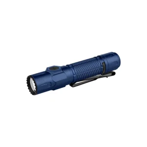 Blue Olight Seeker 4 Pro flashlight with clip on white background