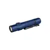 Olight blue tactical LED flashlight with pocket clip isolated on white background