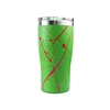 Green stainless steel travel tumbler with red splatter paint design and clear lid