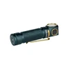 Olight dark green right-angle tactical flashlight with gold bezel, pocket clip, and magnetic tailcap.
