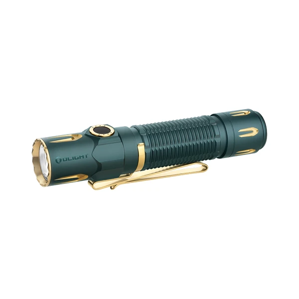 Olight Warrior 3S Green Flashlight with Gold Accents and Clip for Tactical Use