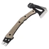 Tactical breach axe with tan G10 handle, pry bar end, and black steel hatchet head isolated on white background