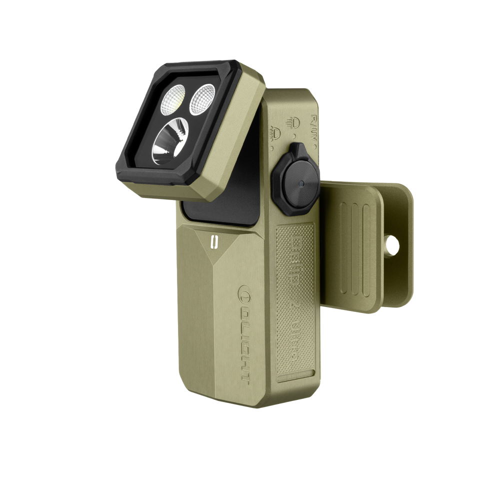 Olight Oclip 2 Ultra olive drab green clip-on light with adjustable rotating head and multi-LED lights on white background