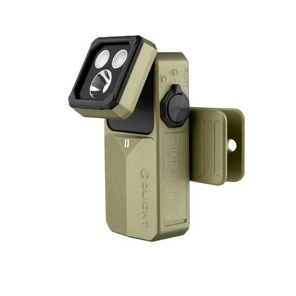 Olight Oclip 2 Ultra olive drab green clip-on light with adjustable rotating head and multi-LED lights on white background