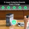 Battery charger with 5-layer protection against overheat, over-charging, over-voltage, over-current, and short circuits.