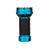 Blue and black high-power LED tactical flashlight with textured rubber grip on a white background