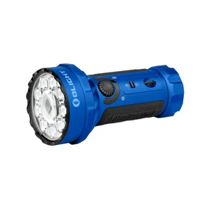 Blue Olight Marauder Mini flashlight, a powerful, compact searchlight with multiple LEDs.