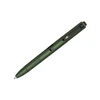 Green tactical pen with integrated light and textured grip, white background.