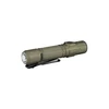 Olive drab tactical flashlight with black pocket clip on white background