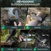 Professional outdoor survival kit showing knife used for camping, batoning, cooking, chopping wood chips, and breaking windows