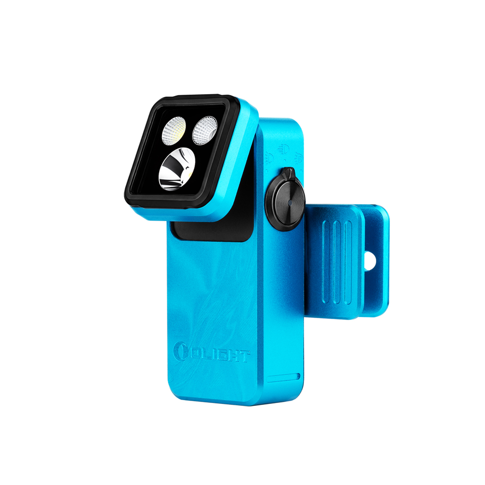 Olight blue clip-on flashlight with adjustable square head and side dial on white background