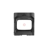 Red dot sight with circular reticle view on white background