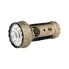 Desert tan Olight flashlight with multi-LED head and tactical controls for outdoor adventures.