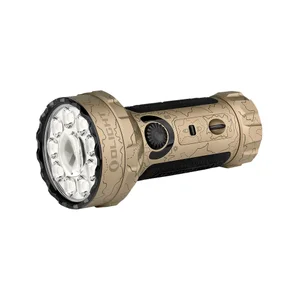 Desert tan Olight flashlight with multi-LED head and tactical controls for outdoor adventures.