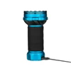 Blue and black rechargeable flashlight with textured grip, USB cable plugged in.
